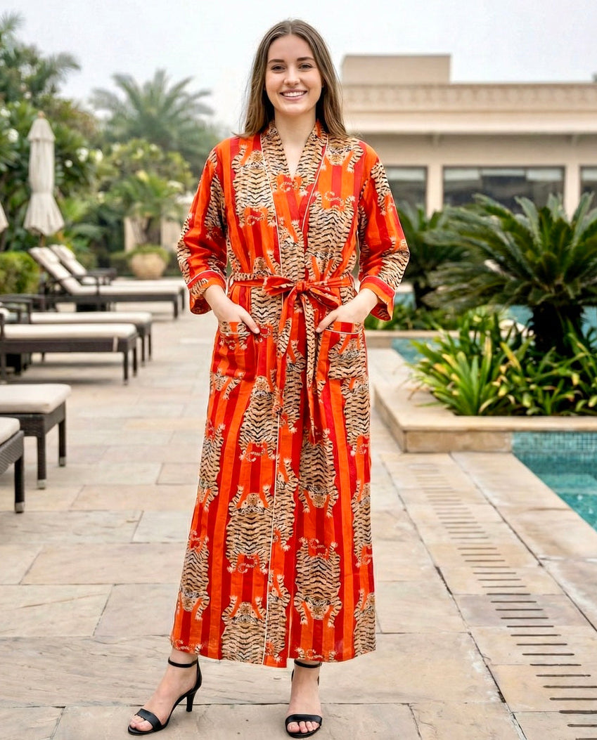 Cotton Tiger Printed Kimono Cardigan Tie Front Robe Swimwear Bathing S