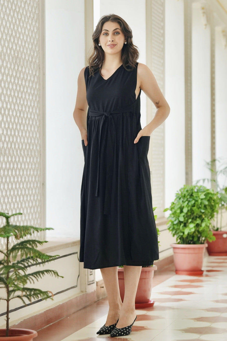 Women's Solid Color Sleeveless Dress with Pockets V-Neck Casual Party Beach Sundress Free Size Black Women's Solid Color Sleeveless Dress with Pockets V-Neck Casual Party Beach Sundress Free Size Black