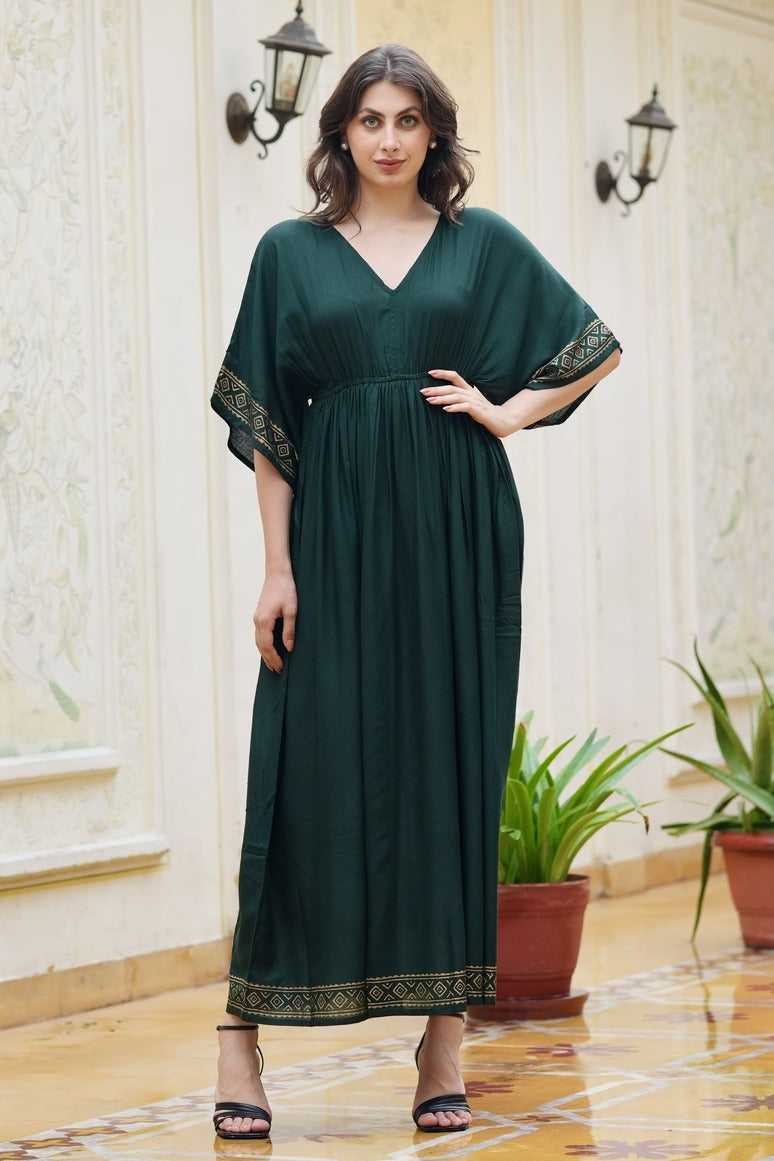 Women's Solid Color Maxi Dress V-Neck Casual Party Beach Long Sundress Free Size Dark Green