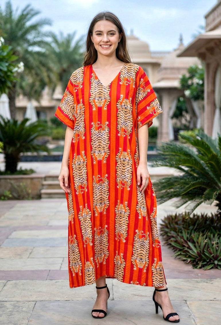 Women's Cotton Tiger Printed Long Kaftan Caftan Dress Swimsuit Beach Cover Up Plus SIZE