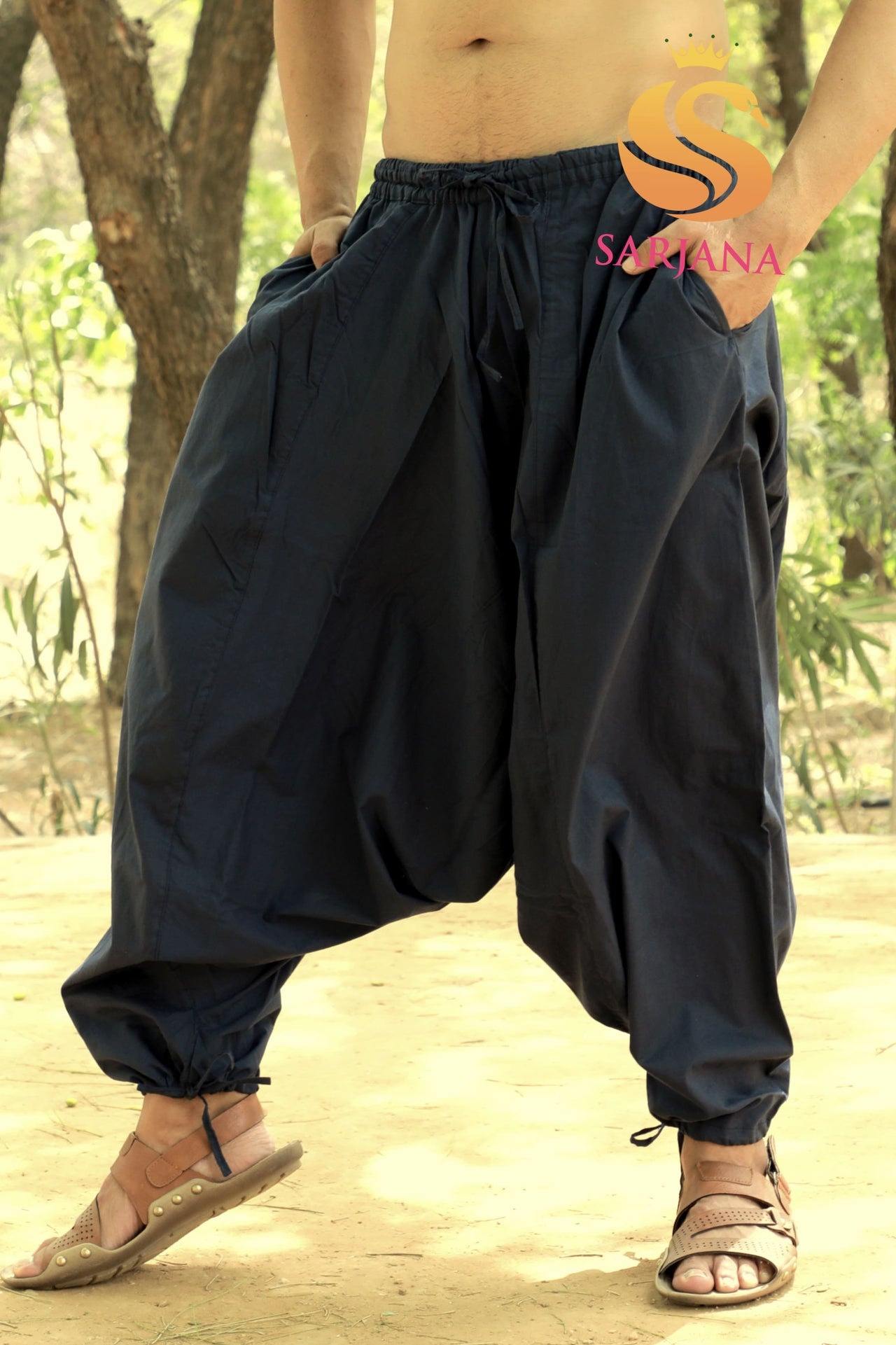 SARJANA Men's Cotton Solid Harem Pants with Pockets - FREE SIZE