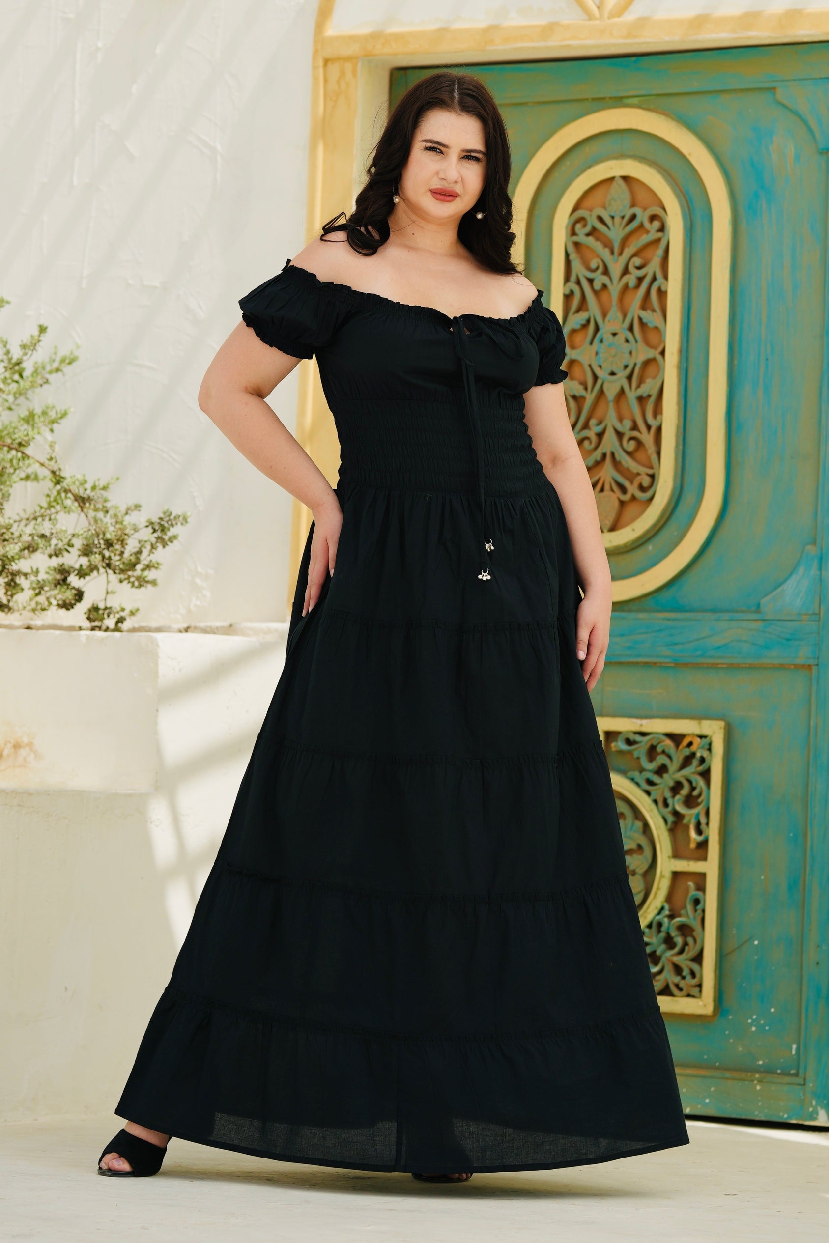 Women's Solid Cotton Long Maxi Dress A-Line Casual Party Beach Tiered Sundress Free SIZE Black Women's Solid Cotton Long Maxi Dress A-Line Casual Party Beach Tiered Sundress Free SIZE Black