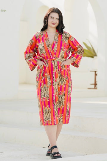SARJANA Women's Cotton Tiger Printed Kimono Cardigan Tie Front Robe Swimwear Bathing Suit Cover Ups - FREE SIZE