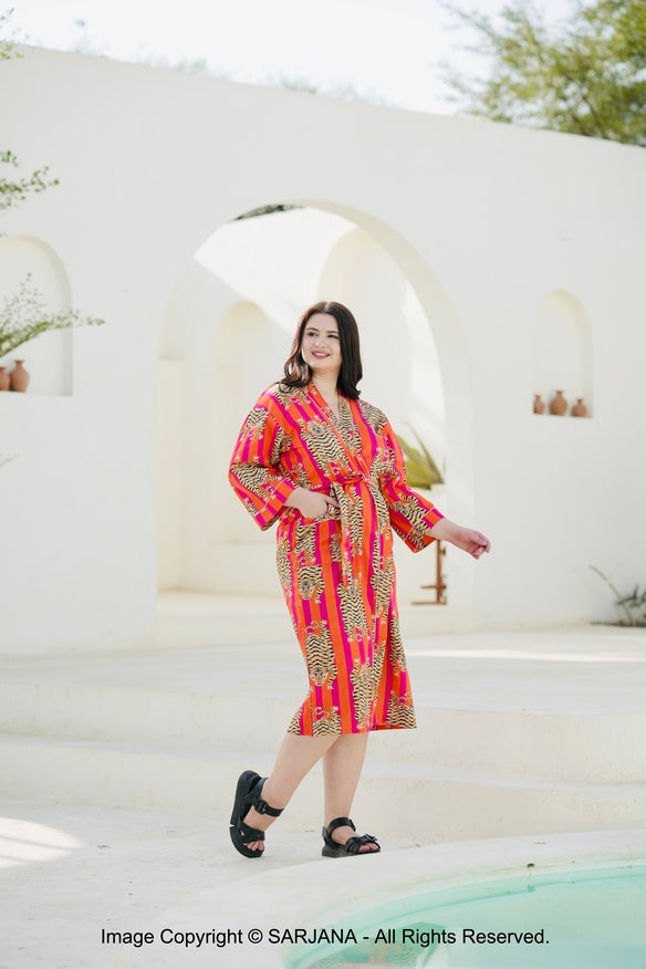 SARJANA Women's Cotton Tiger Printed Kimono Cardigan Tie Front Robe Swimwear Bathing Suit Cover Ups - FREE SIZE