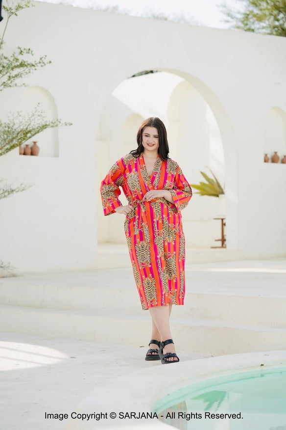 SARJANA Women's Cotton Tiger Printed Kimono Cardigan Tie Front Robe Swimwear Bathing Suit Cover Ups - FREE SIZE
