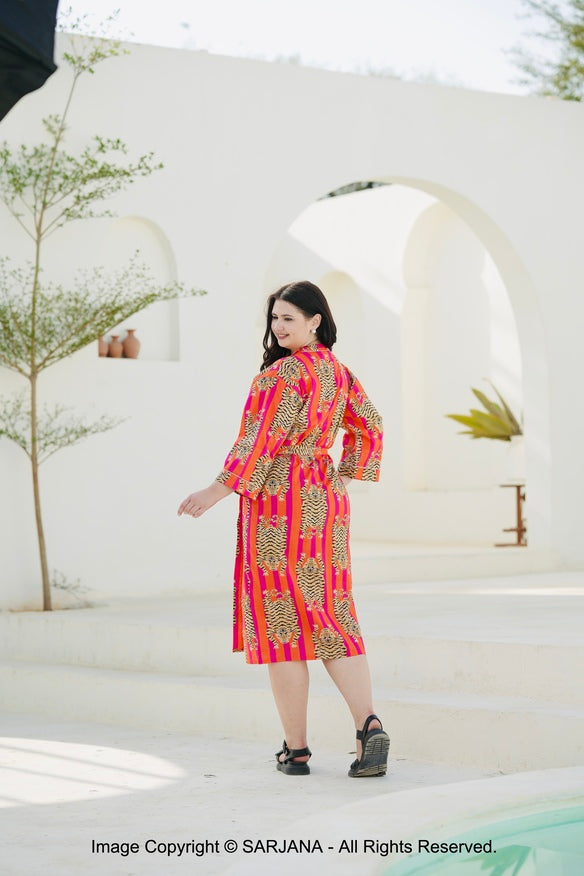 SARJANA Women's Cotton Tiger Printed Kimono Cardigan Tie Front Robe Swimwear Bathing Suit Cover Ups - FREE SIZE