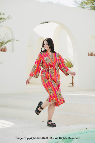 SARJANA Women's Cotton Tiger Printed Kimono Cardigan Tie Front Robe Swimwear Bathing Suit Cover Ups - FREE SIZE