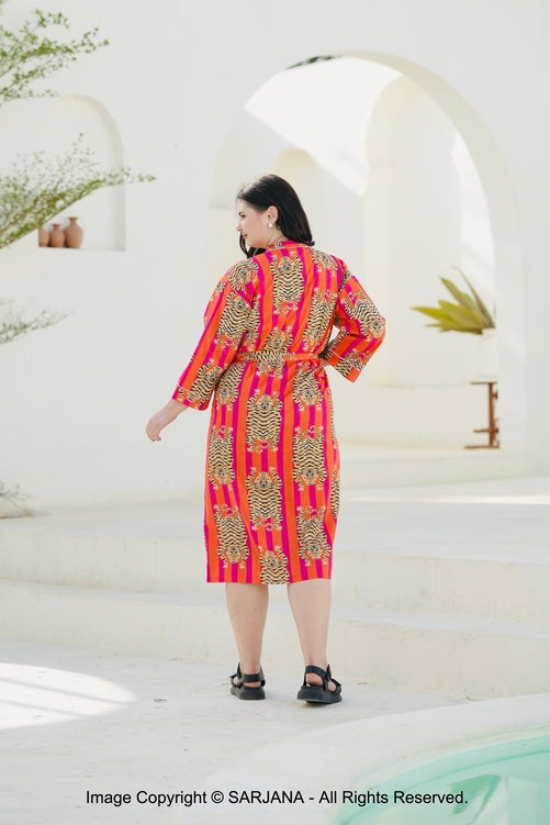 SARJANA Women's Cotton Tiger Printed Kimono Cardigan Tie Front Robe Swimwear Bathing Suit Cover Ups - FREE SIZE