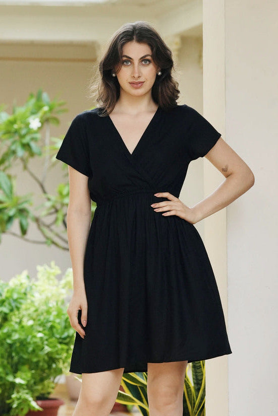 Women's Solid Color Short Midi Dress V-Neck Casual Party Beach Sundres