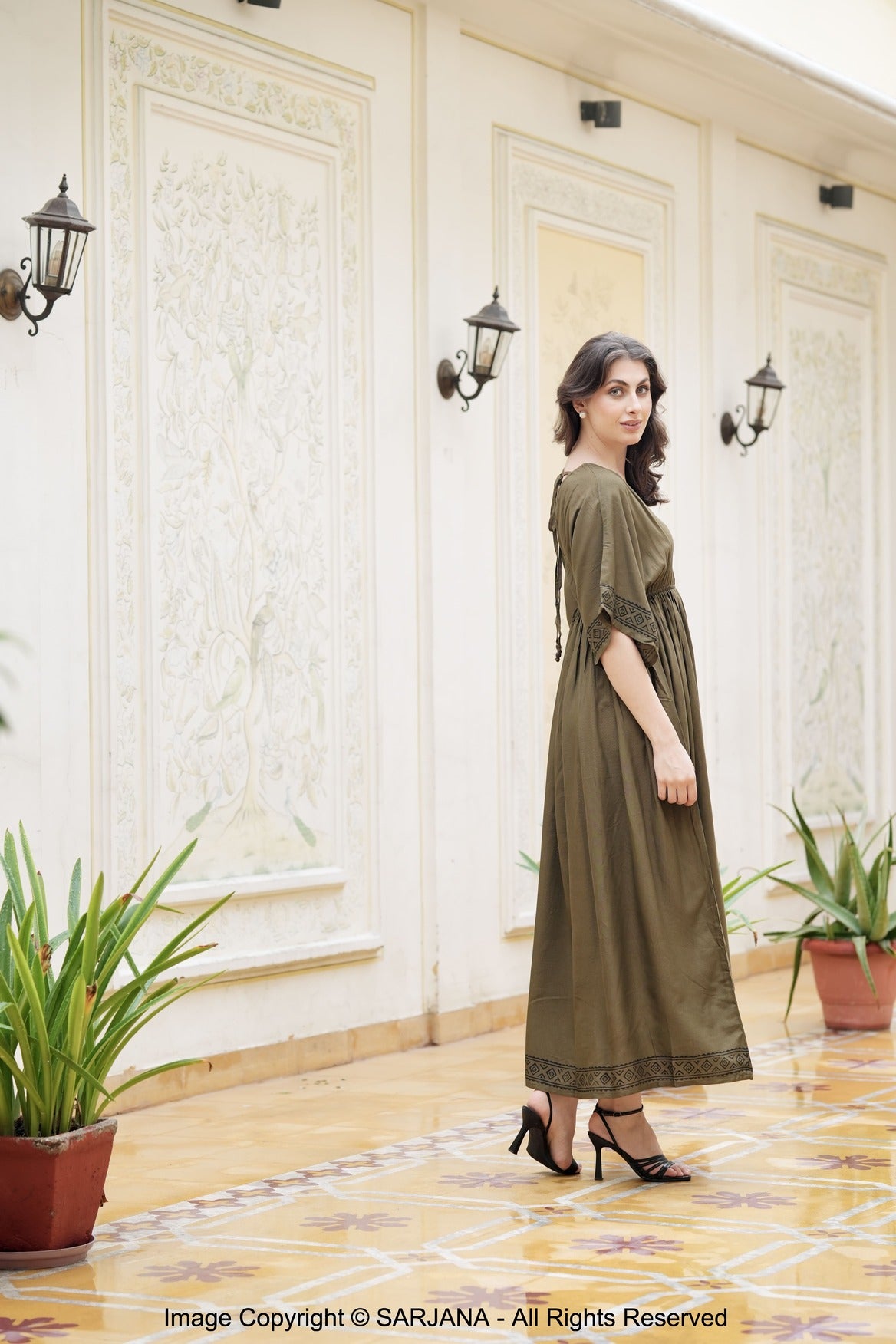 SARJANA Women's Solid Color Maxi Dress V-Neck Casual Party Beach Long Sundress FREE SIZE