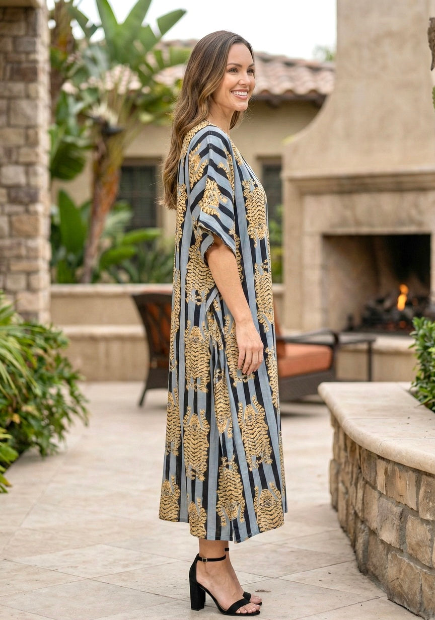 Women's Cotton Tiger Printed Long Kaftan Caftan Dress Swimsuit Beach C Women's Cotton Tiger Printed Long Kaftan Caftan Dress Swimsuit Beach C