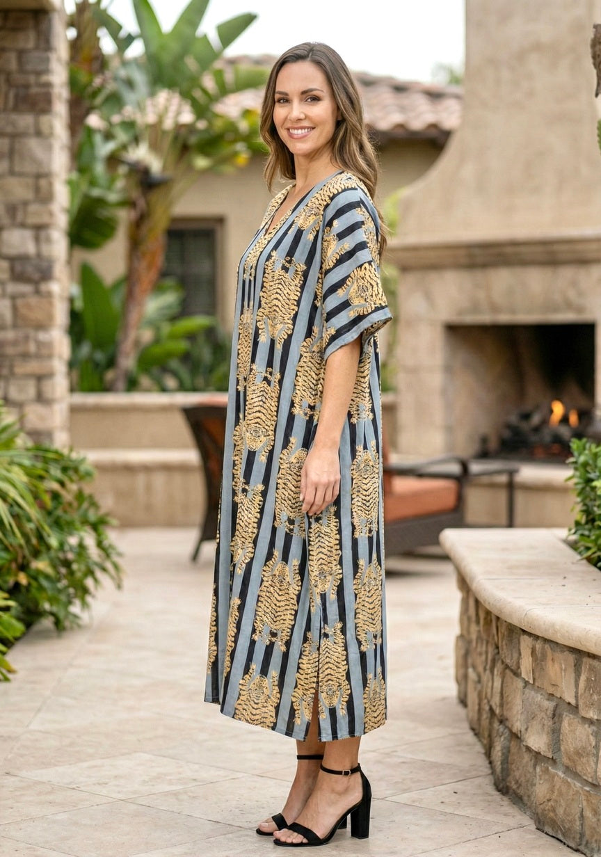 Women's Cotton Tiger Printed Long Kaftan Caftan Dress Swimsuit Beach Cover Up Plus SIZE - Free SIZE Orange Women's Cotton Tiger Printed Long Kaftan Caftan Dress Swimsuit Beach Cover Up Plus SIZE - Free SIZE Orange