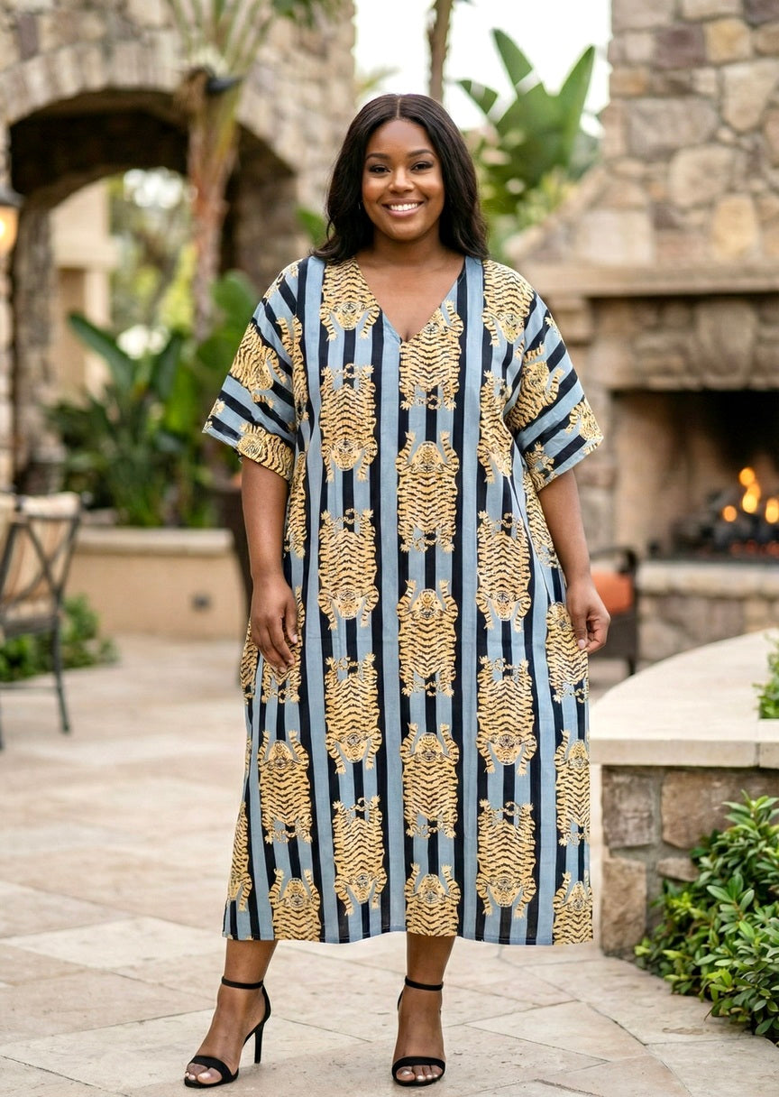 women's cotton kaftan dress KAFATU Womens Brown Kaftan Dress Maxi African Tribal AJJAYA