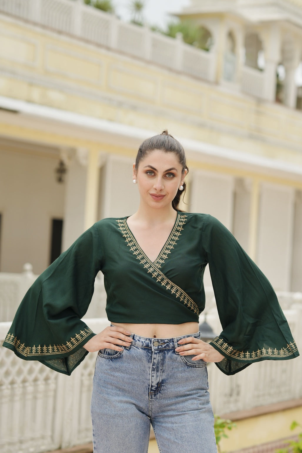 SARJANA Women's Short Tank Top Wide Long Sleeves Casual Crop Wrap Tops - FREE SIZE