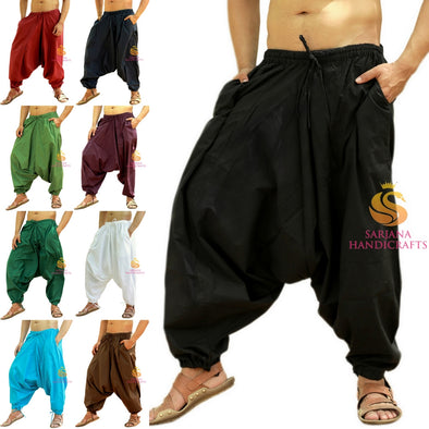 SARJANA Men Women Cotton Solid Pockets Harem Pants Yoga Unisex Drop Crotch Pants