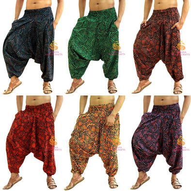 SARJANA Men Women Cotton Printed Harem Pants Yoga Unisex Drop Crotch Pockets Pants