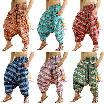 SARJANA Men Women Cotton Striped Harem Pants Yoga Unisex Drop Crotch Pockets Pants