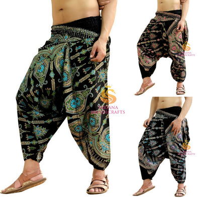 SARJANA Heren Dames Katoen Gouden Gedrukte Harembroek Yoga Unisex Drop Crotch Pockets Broek