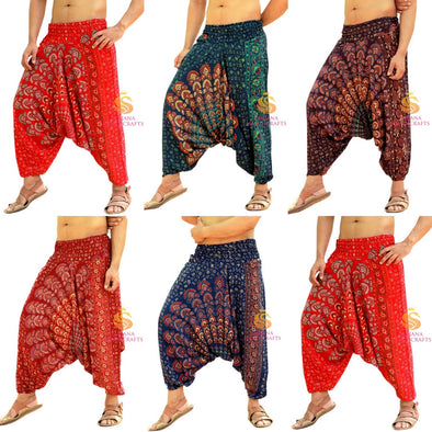 SARJANA Men Women Rayon Mandala Printed Harem Pants Yoga Unisex Drop Crotch Pockets Pants