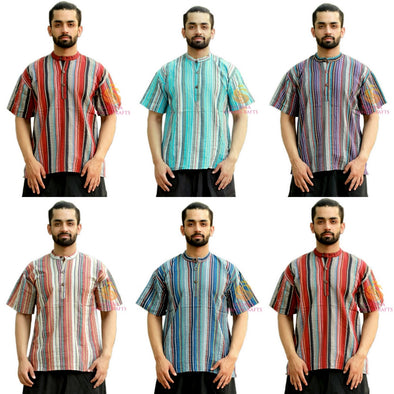 SARJANA Heren 100% katoen gestreept casual shirt korte Kurta Indiase losse pasvorm etnische Kurta