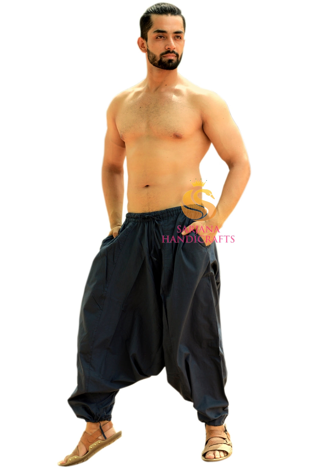 SARJANA Men Women Cotton Solid Pockets Harem Pants Yoga Unisex Drop Crotch Pants