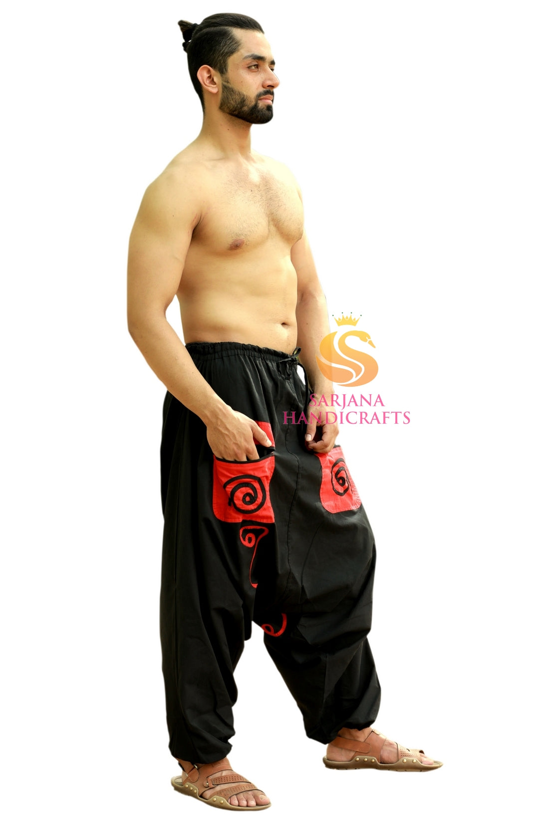 SARJANA Men Women Cotton Pockets Harem Pants Yoga Drop Crotch Unisex Pants