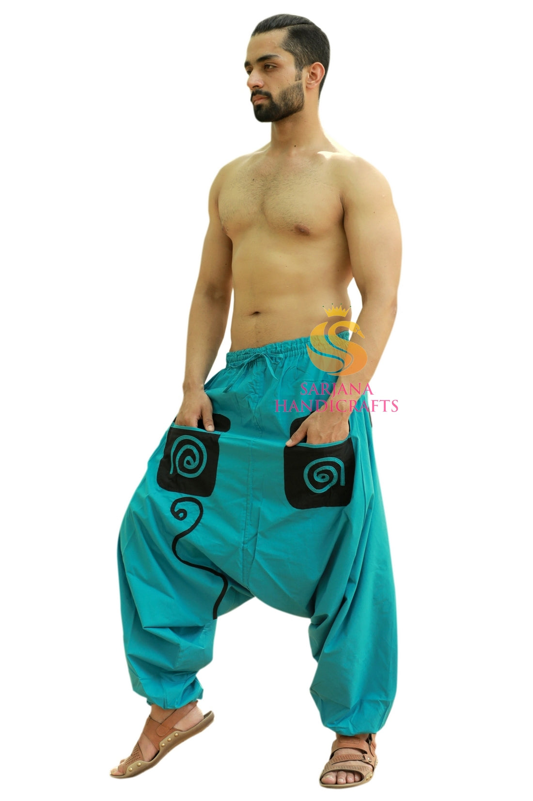 SARJANA Men Women Cotton Pockets Harem Pants Yoga Drop Crotch Unisex Pants