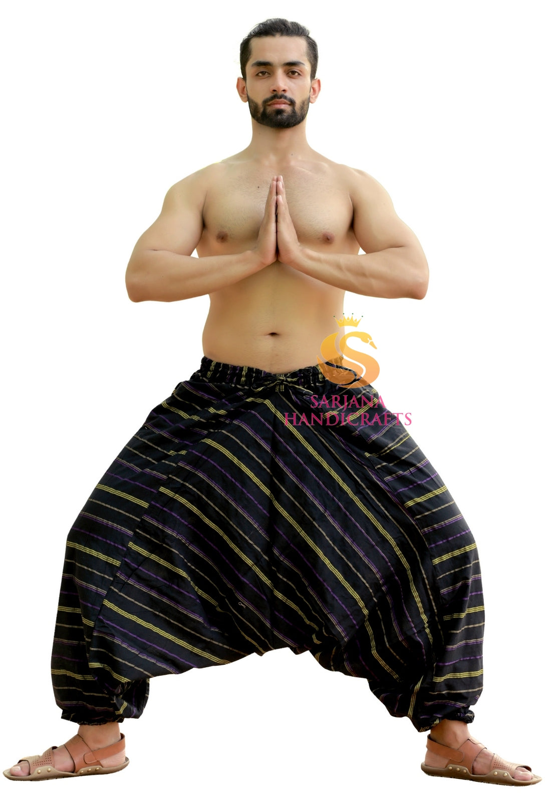 SARJANA Men Women Cotton Pockets Striped Harem Pants Yoga Unisex Drop Crotch Pants