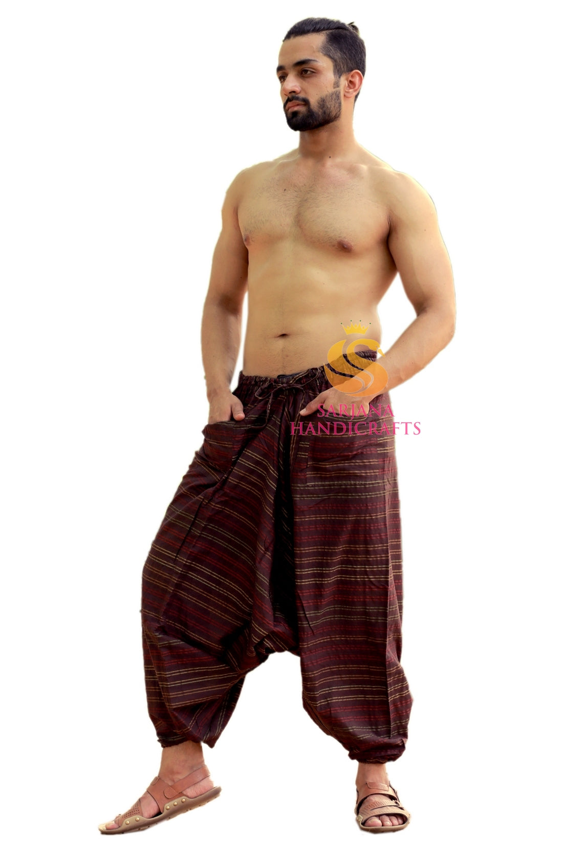 SARJANA Men Women Cotton Pockets Striped Harem Pants Yoga Unisex Drop Crotch Pants