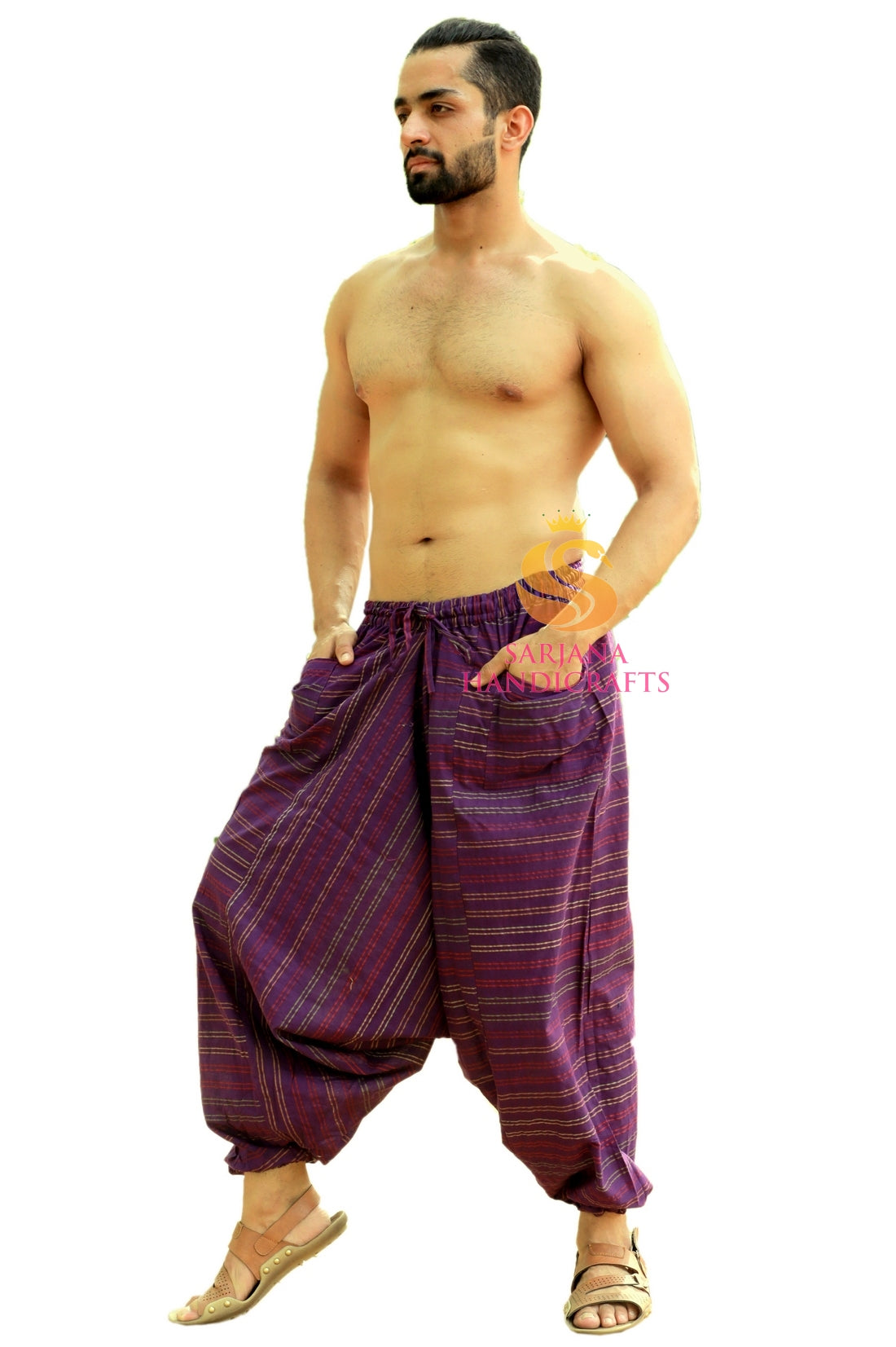 SARJANA Men Women Cotton Pockets Striped Harem Pants Yoga Unisex Drop Crotch Pants