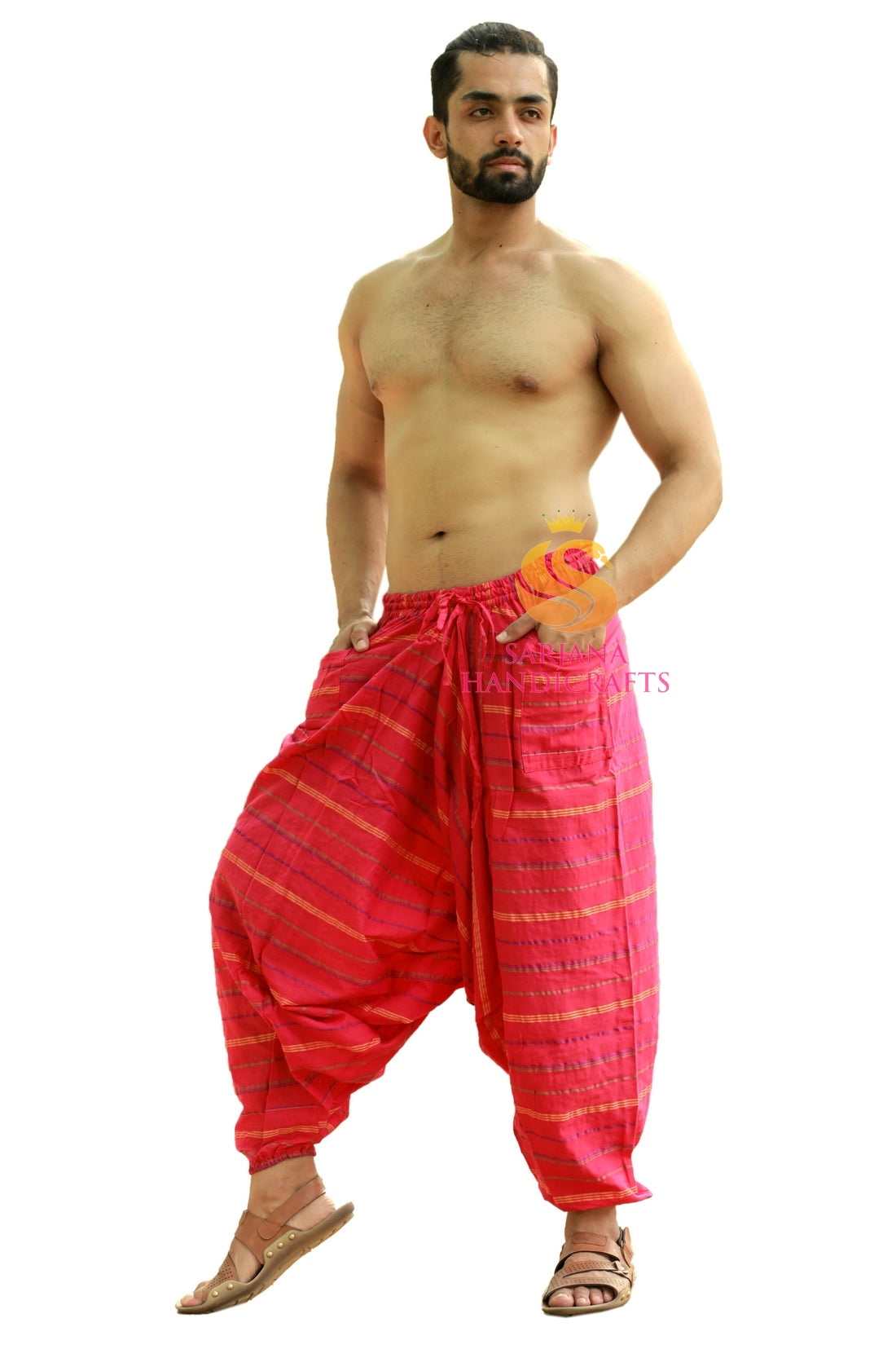 SARJANA Men Women Cotton Pockets Striped Harem Pants Yoga Unisex Drop Crotch Pants