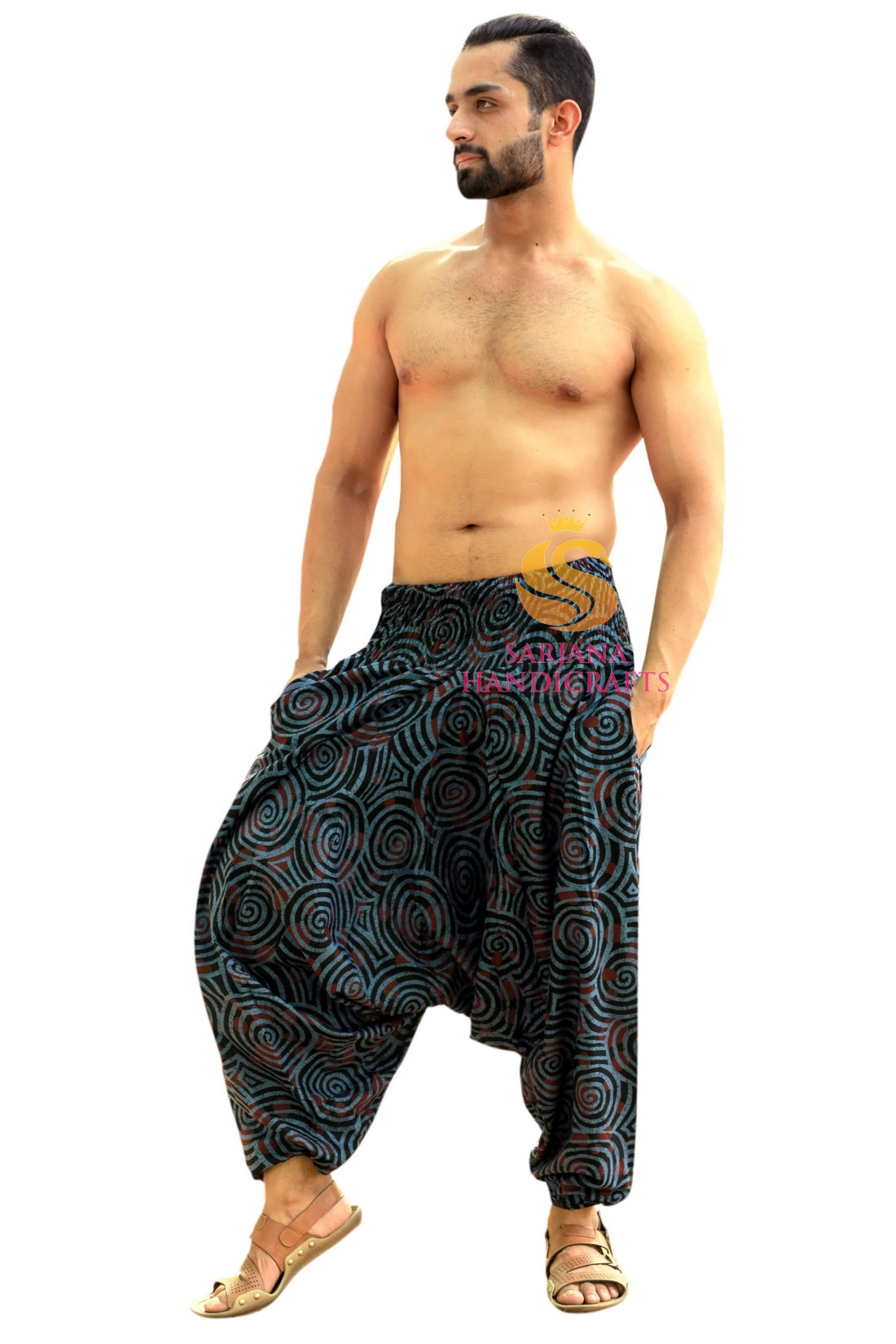 SARJANA Heren Dames Katoen Bedrukte harembroek Yoga Unisex Drop Crotch Pockets Broek