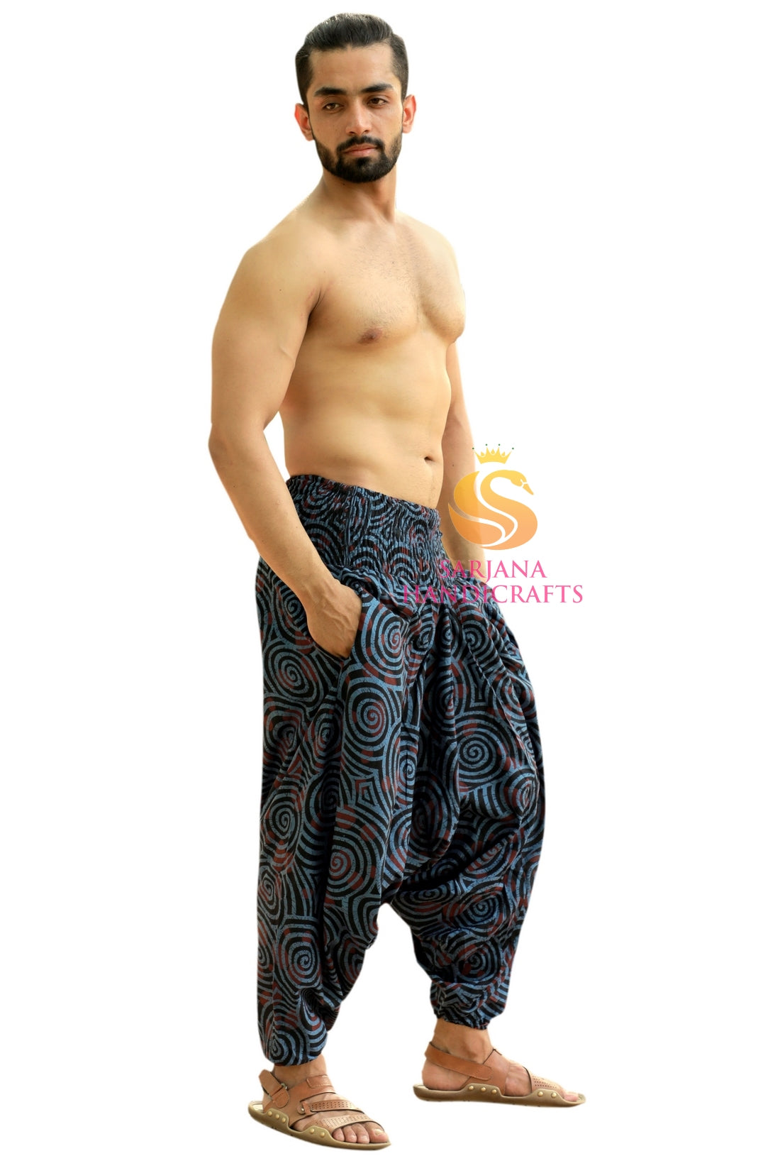 SARJANA Heren Dames Katoen Bedrukte harembroek Yoga Unisex Drop Crotch Pockets Broek