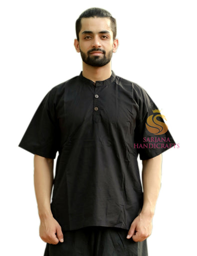 SARJANA Heren 100% katoen zwart casual shirt korte Kurta Indiase losse pasvorm etnische effen Kurta