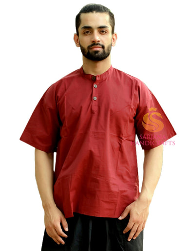 SARJANA Men 100% Cotton Maroon Casual Shirt Short Kurta Indian Loose Fit Ethnic Solid Kurta