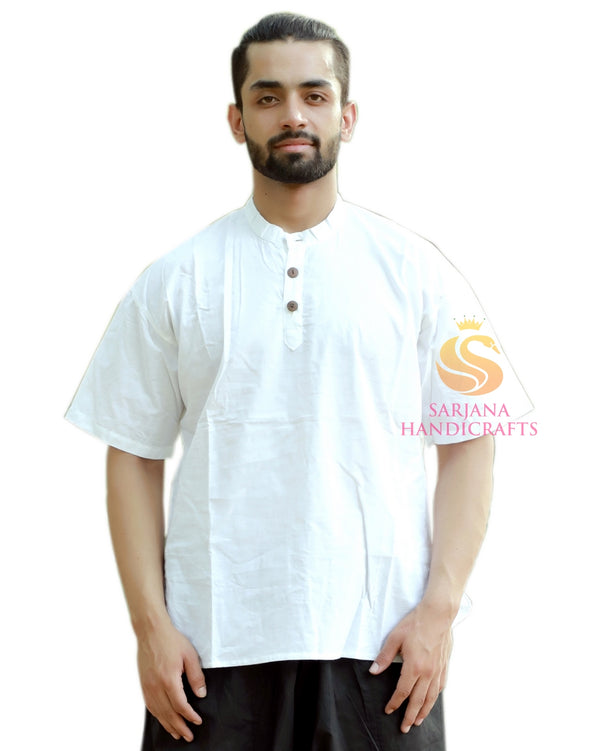 SARJANA Men 100% Cotton White Casual Shirt Short Kurta Indian Loose Fit Ethnic Solid Kurta