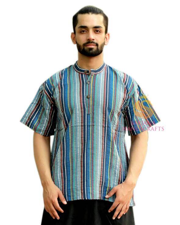 SARJANA Men 100% Cotton Striped Casual Shirt Short Kurta Indian Loose Fit Ethnic Kurta
