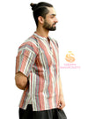 SARJANA Men 100% Cotton Brown Casual Shirt Short Kurta Indian Loose Fit Ethnic Striped Kurta