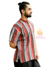 SARJANA Men 100% Cotton Red Casual Shirt Short Kurta Indian Loose Fit Ethnic Striped Kurta