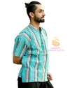 SARJANA Men 100% Cotton Sky Blue Casual Shirt Short Kurta Indian Loose Fit Ethnic Striped Kurta