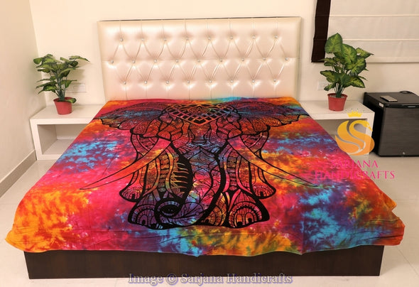 SARJANA Drap de lit plat en coton taille Queen avec cravate en forme d'éléphant teint, couvre-lit double, literie pour dortoir