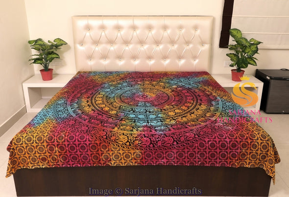 SARJANA Queen Size Cotton Flat Bed Sheet Elephants Floral Mandala Printed Double Bedspread Bedding Dorm Throw